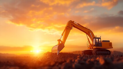 Backhoe and truck silhouetted against a limestone quarry
