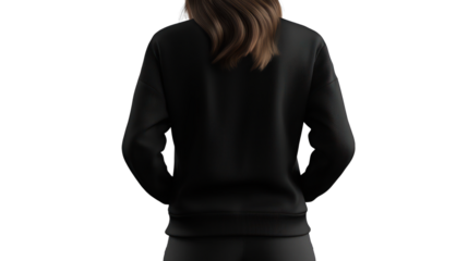 Black women�s sweatshirt, long sleeve, back view, rendered in 3D on a clear background.