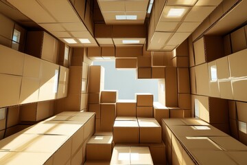 Fototapeta premium A stack of cardboard boxes is piled on top of each other