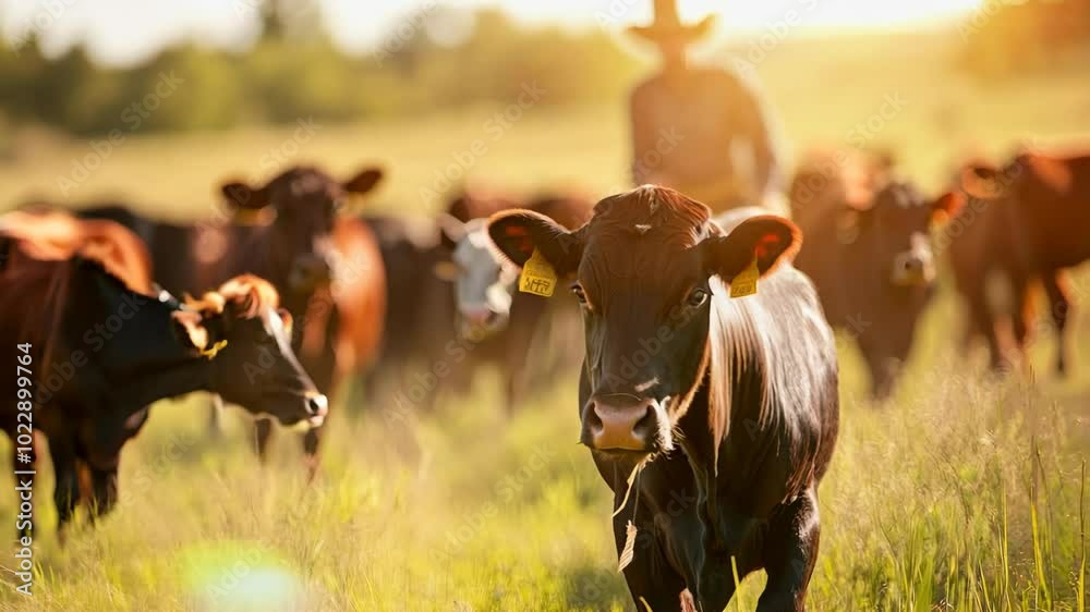 Poster a cow is walking in a field with other cows