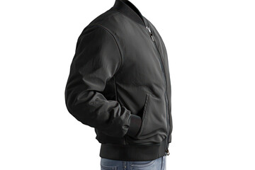 Three-dimensional black bomber jacket, side profile, displayed on a clear PNG.