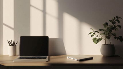 Fototapeta premium Minimalist desk setup with one open laptop, natural light casting soft shadows on the surface