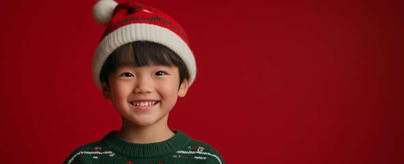 Young boy wearing a green sweater and a red hat. He is smiling. Asian boy 7 years old in christmas green sweater and christmas hat holding gift in craft wrapping paper, standing on red background