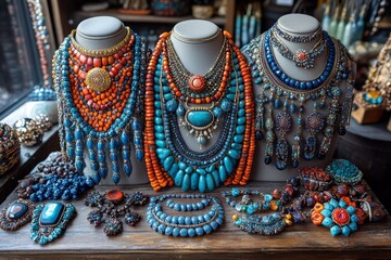 A collection of colorful, handmade jewelry displayed a variety of necklaces, bracelets, and earrings in different styles and materials. Generative AI