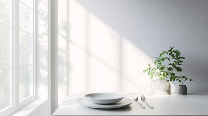 Minimalist dining table in a white room with one plate and a fork on the side The table sits near a large window, with natural light highlighting the minimal setup