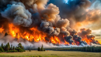 Dramatic wildfire blazing through forest with smoke billowing and vibrant flames.