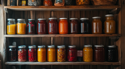 Colorful Preserved Foods in Glass Jars on Rustic Wooden Shelves