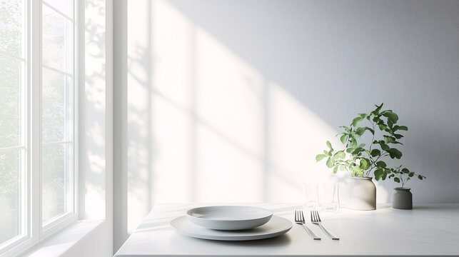 Minimalist dining table in a white room with one plate and a fork on the side The table sits near a large window, with natural light highlighting the minimal setup