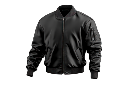 Black unisex bomber jacket in 3D, side view with zip, on a transparency. - Powered by Adobe