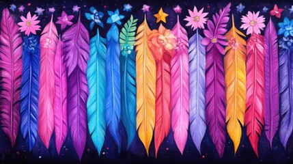 Colorful feathers and flowers on cosmic night sky: vibrant abstract art
