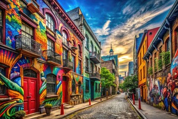 Naklejka premium Vibrant Urban Street Scene with Colorful Graffiti, Classic Architecture, and Lively City Atmosphere