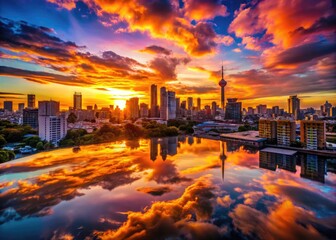Fototapeta premium Vibrant Urban Sunset Over City Skyline with Silhouetted Buildings and Colorful Sky Reflection