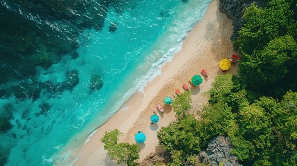 Breathtaking Aerial View of a Tropical Beach with Crystal Clear Water and Lush Greenery, Perfect for Travel and Vacation Inspiration