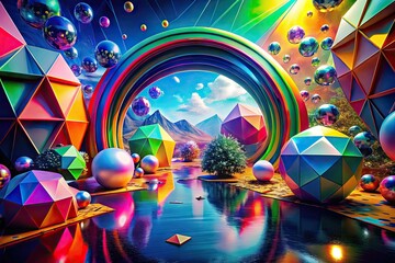 Naklejka premium Vibrant Virtual Reality Scene with Abstract Geometric Shapes and Rainbow Colors Representing Diversity