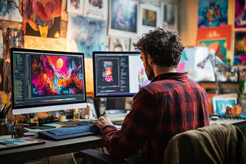 Vibrant Workspace of a Digital Artist with Dual Monitors and Graphics Tablet  