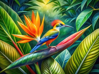 Obraz premium Vibrant Watercolor Illustration of a Bird of Paradise with Lush Tropical Foliage Background