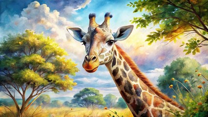 Obraz premium Vibrant Watercolour Illustration of a Giraffe in a Natural Setting with Soft Pastel Colors and Details
