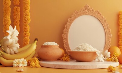 Obraz premium 3D podium with a round background, an Indian traditional pot, and coconut fruits on the side of it, on a brown color background
