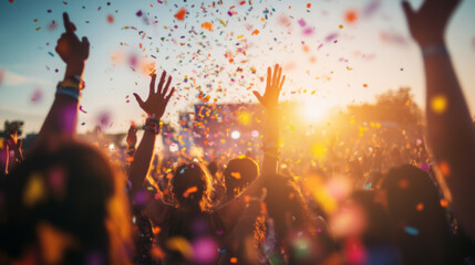 Hands Raised in Celebration Amidst Flying Confetti at a Festival
