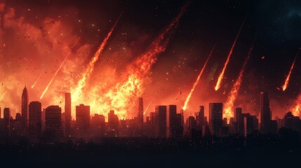 Fototapeta premium A fiery skyline under attack by meteors, creating a dramatic, apocalyptic scene filled with flames and city silhouettes.