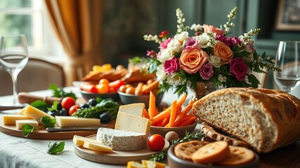 Fototapeta premium Elegant Catering Spread with Gourmet Cheese and Fresh Vegetables for Events and Gatherings