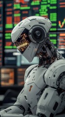 Fototapeta premium A futuristic robot with a sleek design, observing digital financial data on screens, symbolizing the integration of AI in economics.