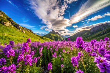 Obraz premium Vibrant Wild Purple Flowers Blooming in Nature's Untamed Landscape Under Clear Blue Skies