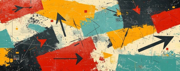 Fototapeta premium A vibrant abstract artwork with geometric shapes and arrows, showcasing bold colors like red, yellow, turquoise, and black, creating a dynamic visual experience.