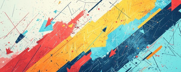 Obraz premium A vibrant, abstract artwork featuring bold splashes of red, yellow, blue, and turquoise against a light background, conveying energy and movement.