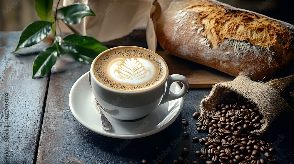 Canvas Prints A cup of cappuccino on a saucer with a loaf of bread and a bag of coffee beans nearby