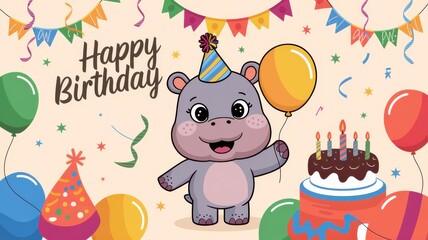 Obraz premium Happy Hippo Celebrating Birthday with Cakes and Balloons 