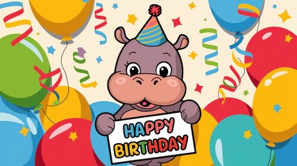 Obraz premium Cute cartoon hippo wearing a party hat, holding a 