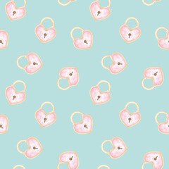 Obraz premium golden locks. Seamless watercolor pattern on turquoise background in pastel colors for textiles and wrapping paper. Cute illustration for Valentine's Day