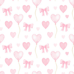 pink bows, pink hearts, balloons. Seamless watercolor pattern on white background in pastel colors for textiles and wrapping paper. Cute illustration for Valentine's Day