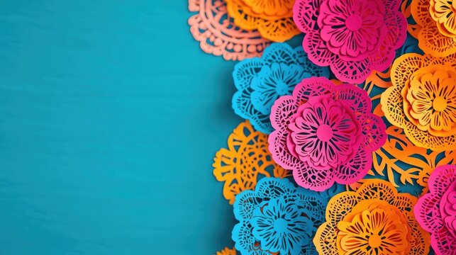 Colorful papel picado decorations arranged on a vibrant blue background, perfect for festive celebrations or artistic designs.