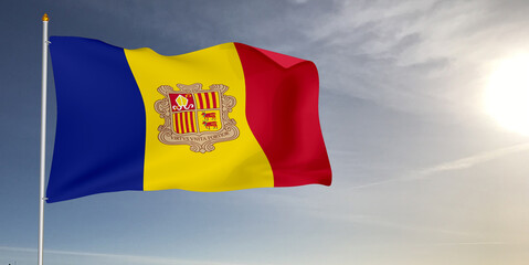 Andorra national flag cloth fabric waving on beautiful grey sky Background.