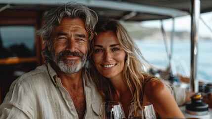 Obraz premium A couple smiles while holding glasses, celebrating together on a sailboat as the sun sets over the tranquil Mediterranean waters