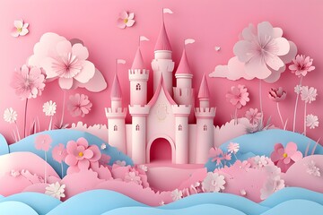 Enchanting Pink Castle Flower Garden in Pastel Watercolor