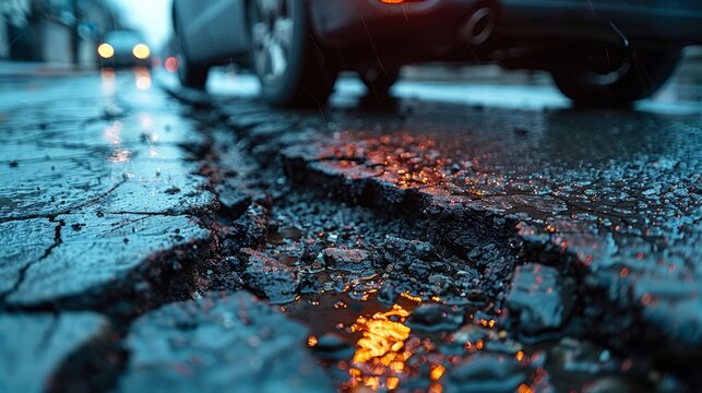 The car avoids a pothole on the road, avoiding potential damage.