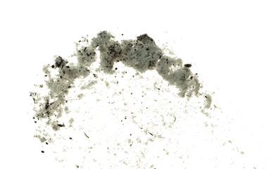 Dirty Melting snow mix with soil dust mud and splash fly in mid air. Dirty snow dust mud explode splash in winter, melt and thawing in spring. White background isolated element