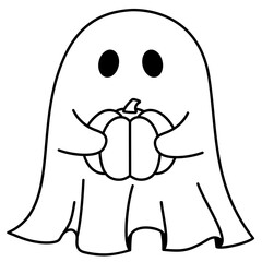 cute spooky ghost outline holding pumpkin illustration
