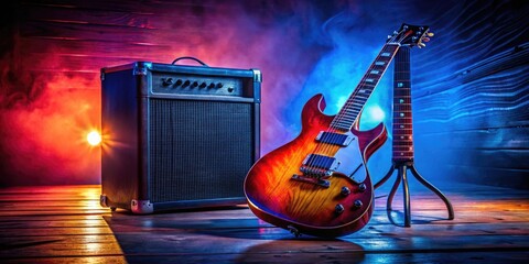 Vintage 1980s Heavy Metal Aesthetic with Electric Guitar, Amplifier, and Rock Music Elements