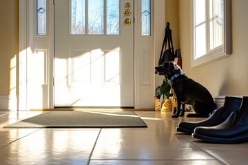 A dog’s leash hanging by the door with shoes beneath, natural sunlight, suburban home entrance.