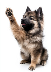 Playful Fluffy Dog High-Fiving with Its Paw, Displaying Excitement