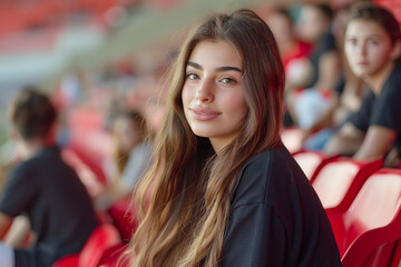 Fototapeta premium Female soccer fan in a red and white striped shirt posing in a football stadium