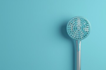 Close-up of a modern showerhead against a turquoise background