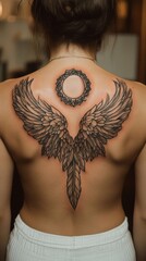 Tattoo of angel wings with halo.