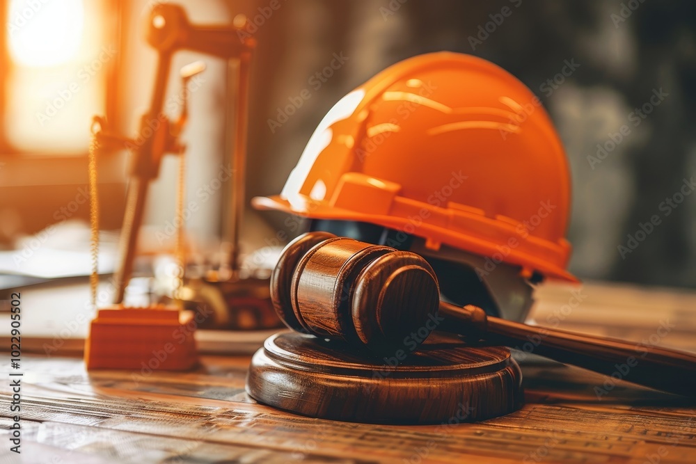 Wall mural a hard hat rests beside a wooden gavel on a desk, highlighting the interface of construction and leg