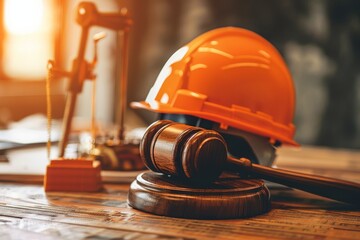 A hard hat rests beside a wooden gavel on a desk, highlighting the interface of construction and legal matters in a workplace setting.