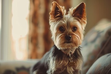A small Yorkshire Terrier sits attentively on a couch, radiating charm with its expressive face and perked ears in a well-lit living room during the afternoon.